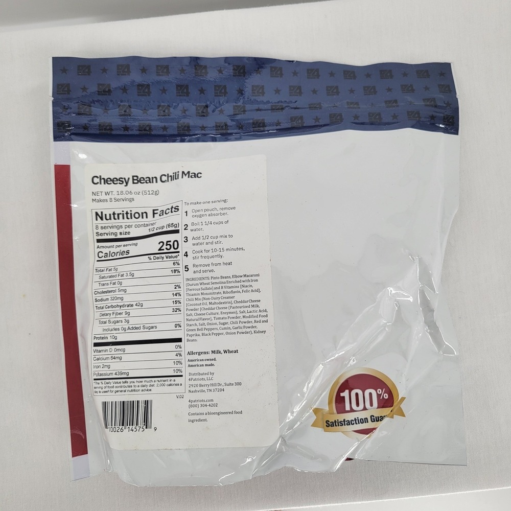 4 Patriots Cheesy Bean Chili Mac Survival Food‎ 8 Servings